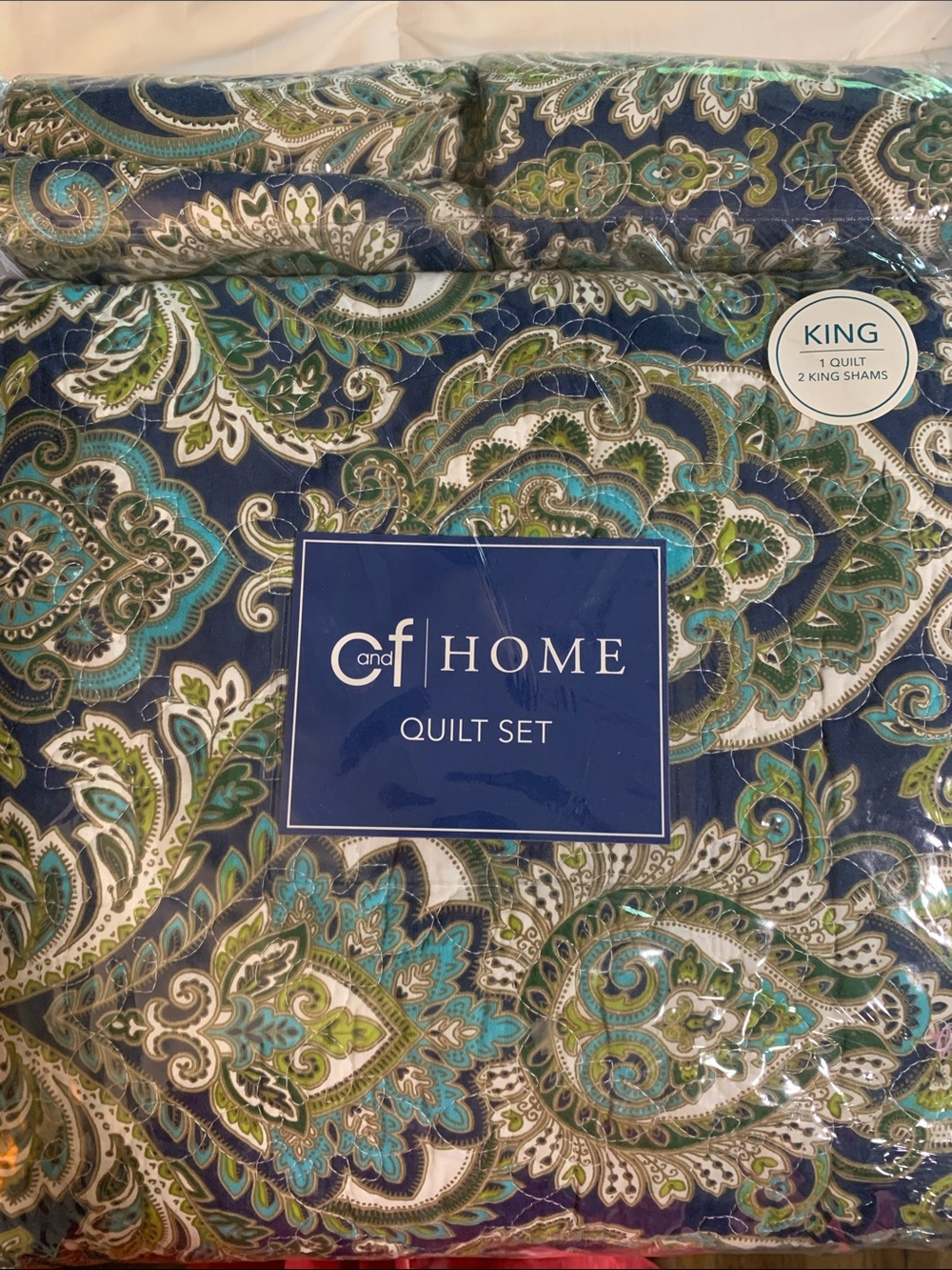 King Quilt Set in Blue and Green Paisley